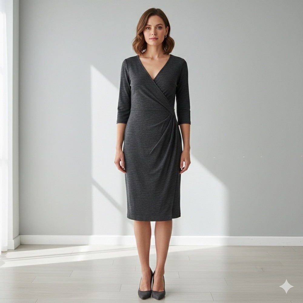 Brooks Brothers Gray Wool Wrap Dress Size 4 Stretch 3/4‎ Sleeve
